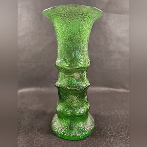 Vintage Brody Co Emerald Green Glass Vase Candle Holder Textured Crinkle 7” Ht